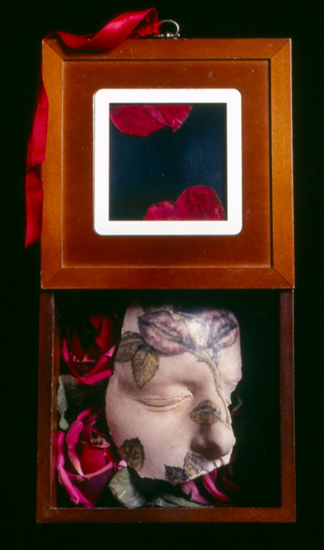 Promises Made, For Keep’s Sake Series, Resin, graphite, colored pencil, faux flowers, wood, 7 x7x5” 2001