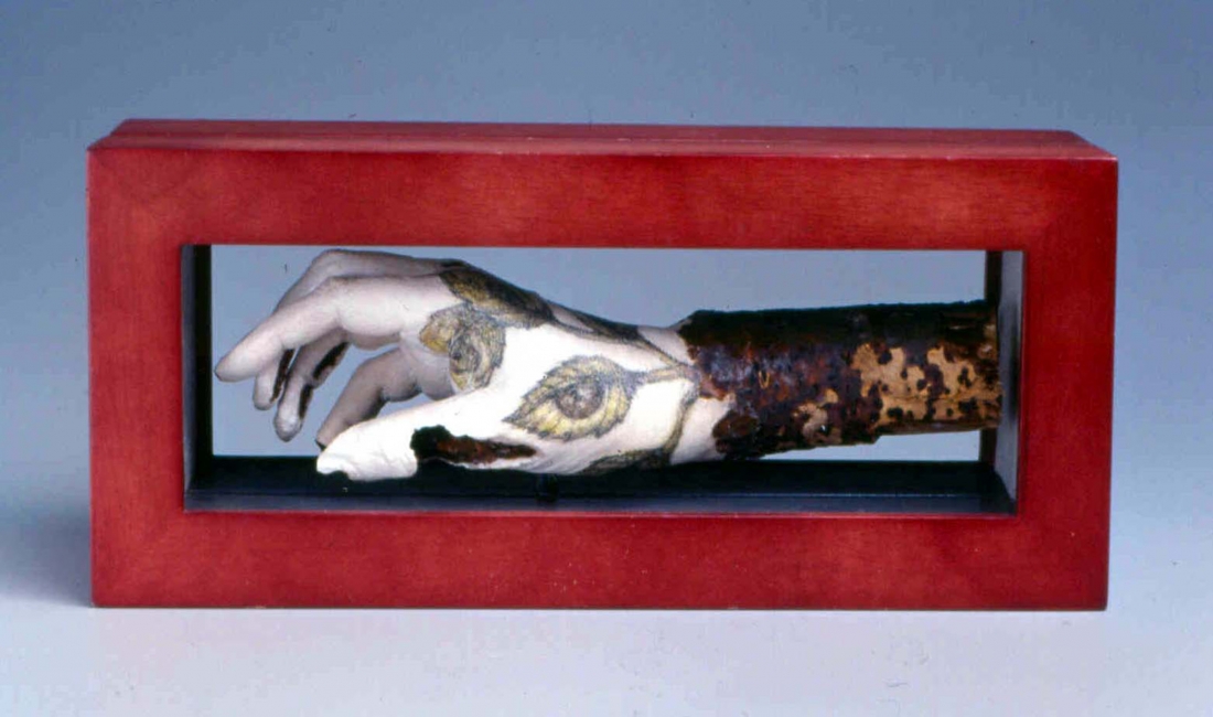 Artist’s Hand: Relic II, FOR KEEP’S SAAKE SERIES, RESIN, GRAPHITE, COLORED PENCIL, STEEL, WOOD, LINEN, 5 3/8 X 12 X 3 ¾” 2002.