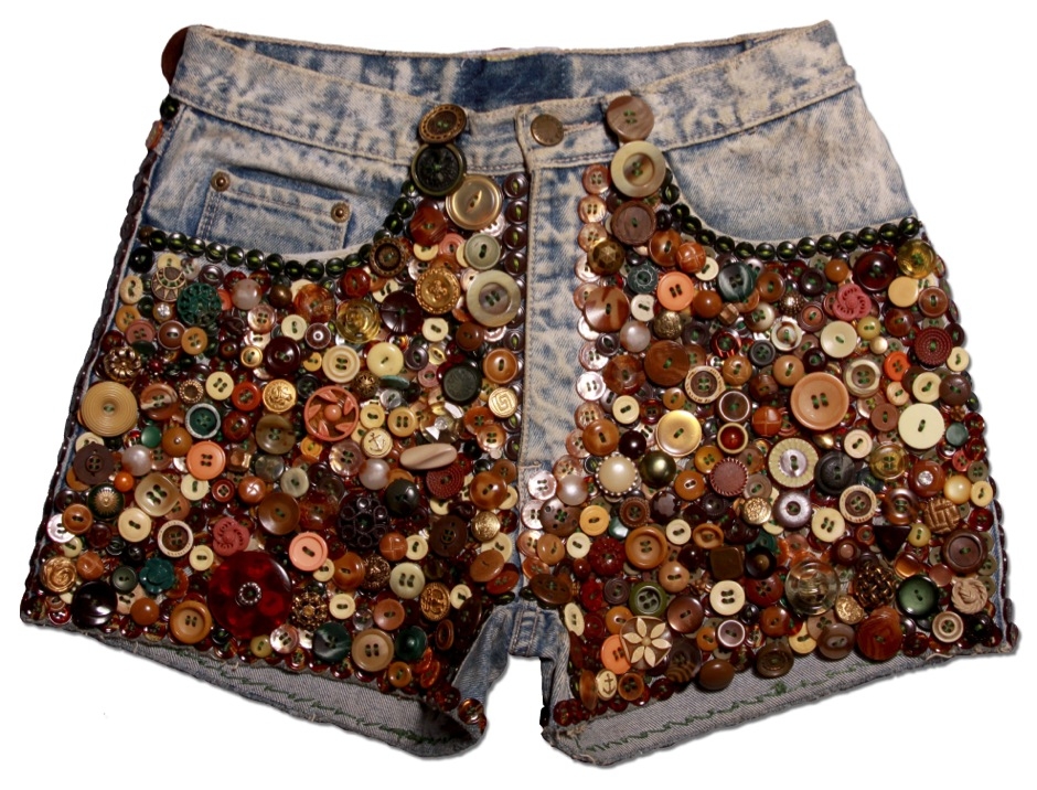 Beau McCall, Hot Fun in the Summatime I, 2015. Buttons, denim shorts, embroidery thread, 20 x 25.5 in.