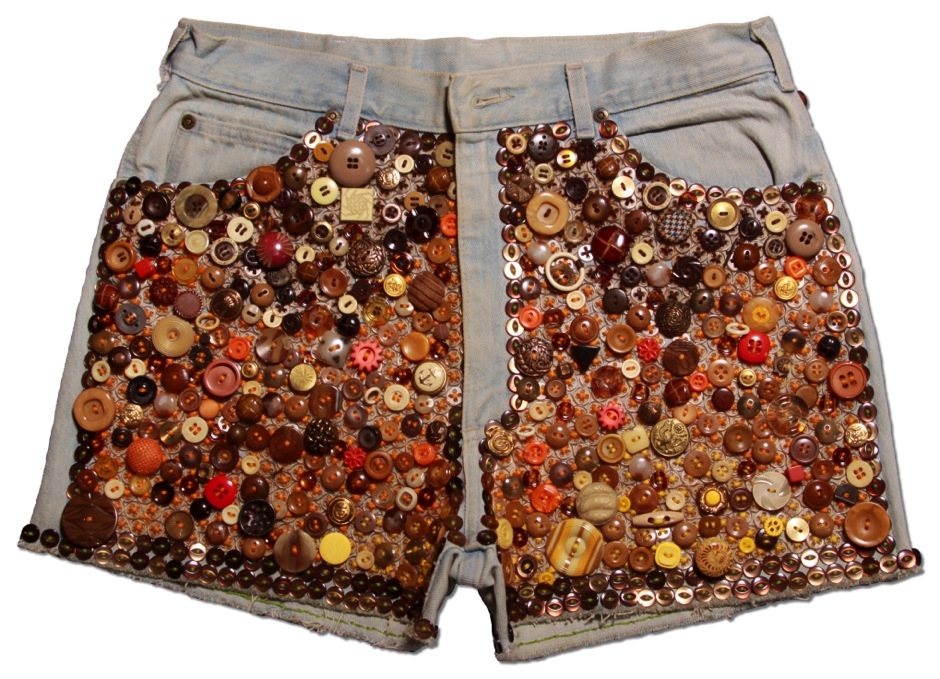 Beau McCall, Hot Fun in the Summatime II, 2015. Buttons, denim shorts, embroidery thread, 20 x 25.5 in.