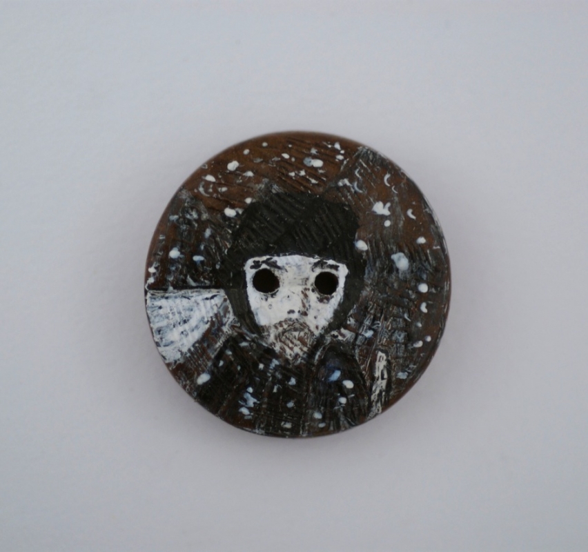 Hannah Battershell, Explorer, 2013. Mixed media on found button, 7 x 7 in. (Framed).
