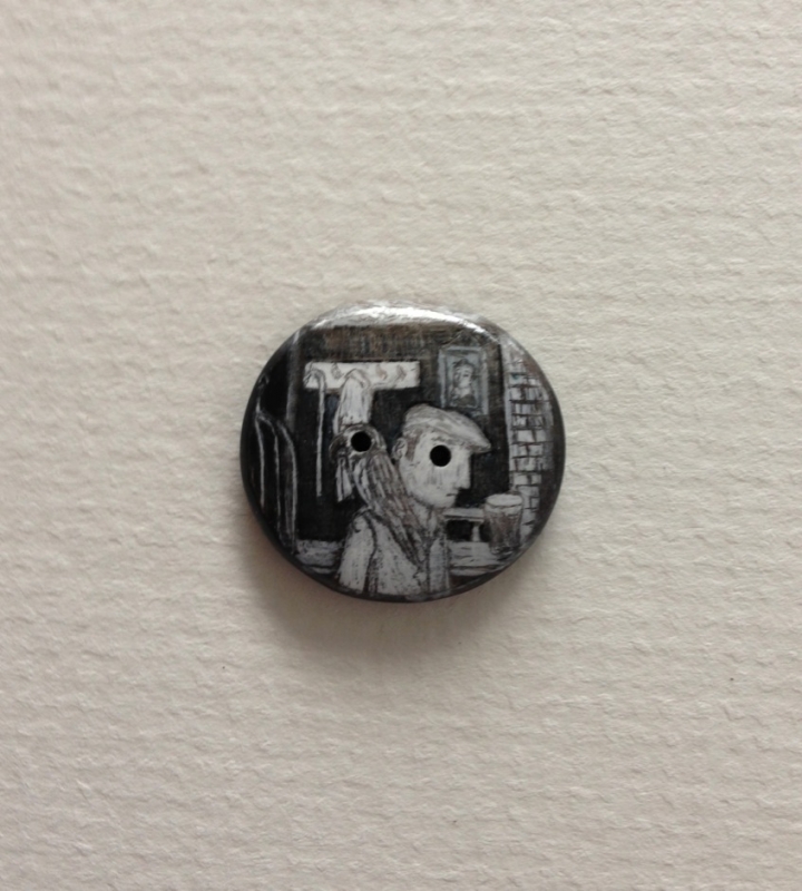Hannah Battershell, Landlord, 2014. Mixed media on found button, 7 x 7 in. (Framed).