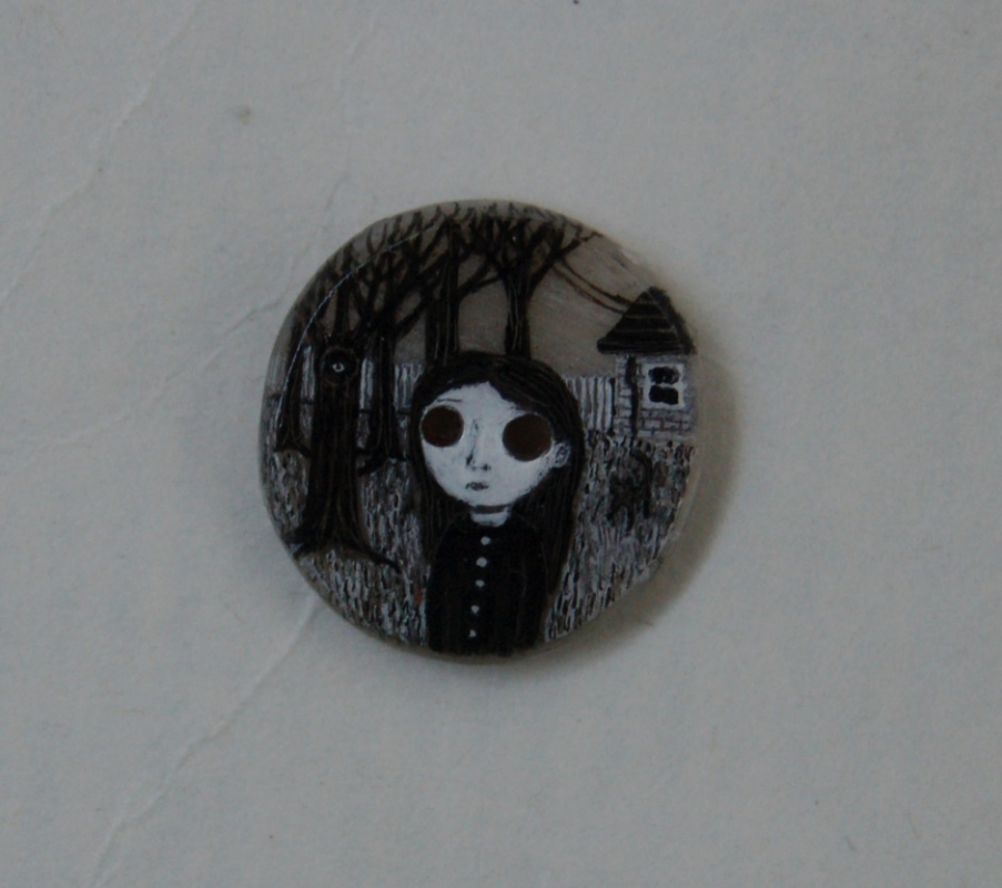 Hannah Battershell, Lost Girl, 2014. Mixed media on found button, 7 x 7 in. (Framed).