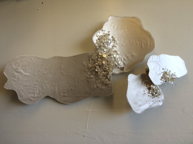 Io Palmer, Buttoned Up Cloud, 2015. Painted wood, fabric, found buttons, 50 x 27 x 15 in.