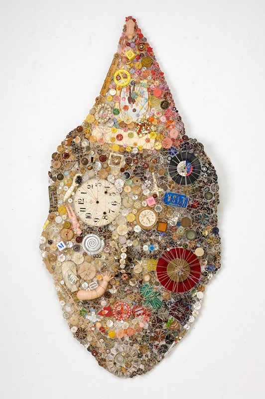 Lisa Kokin, Party Hat Diabolique, 2004. Buttons, found objects, imitation sinew, chicken wire, 55.5 x 27 x 1 in.