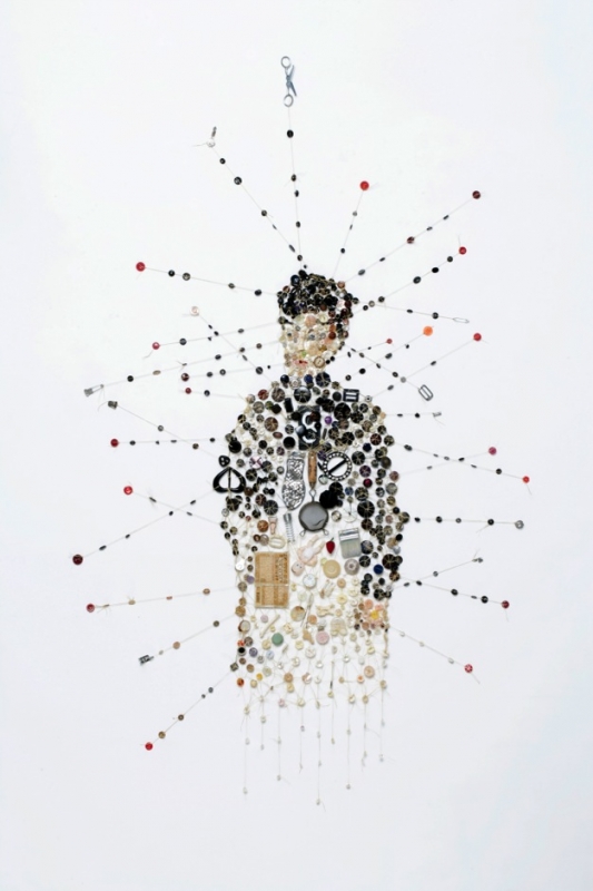 Lisa Kokin, Piecework, 2005. Mixed media buttons, found objects, imitation sinew, 72.5 x 45 x 1 in.